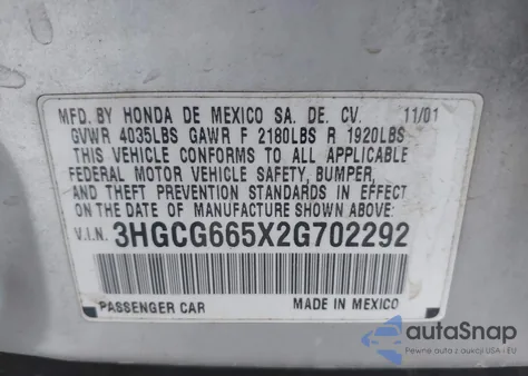 2002 Honda Accord 2.3 Lx из США, поврежденный, VIN 3HGCG665X2G702292